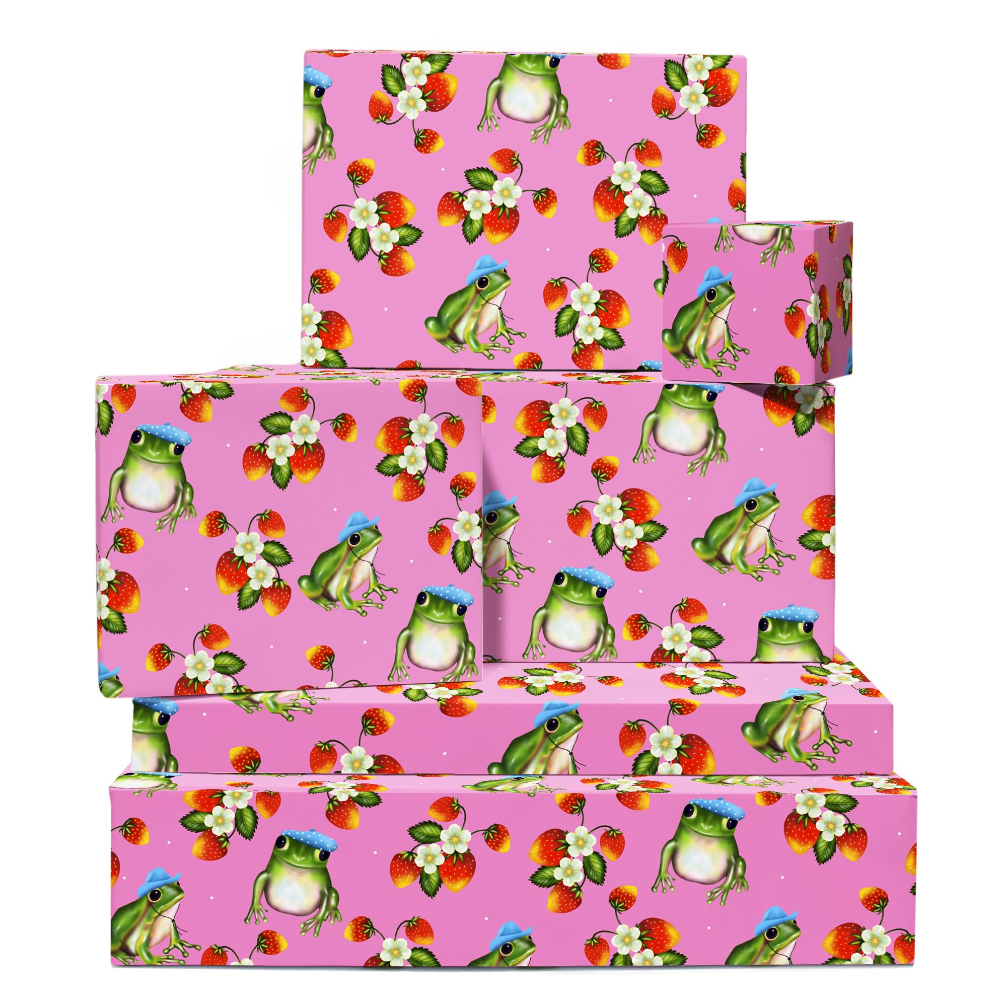 Central 23 - Pink Wrapping Paper - 6 Birthday Gift Wrap Sheets - For Women Girls Female - Frogs and Strawberries - Recyclable