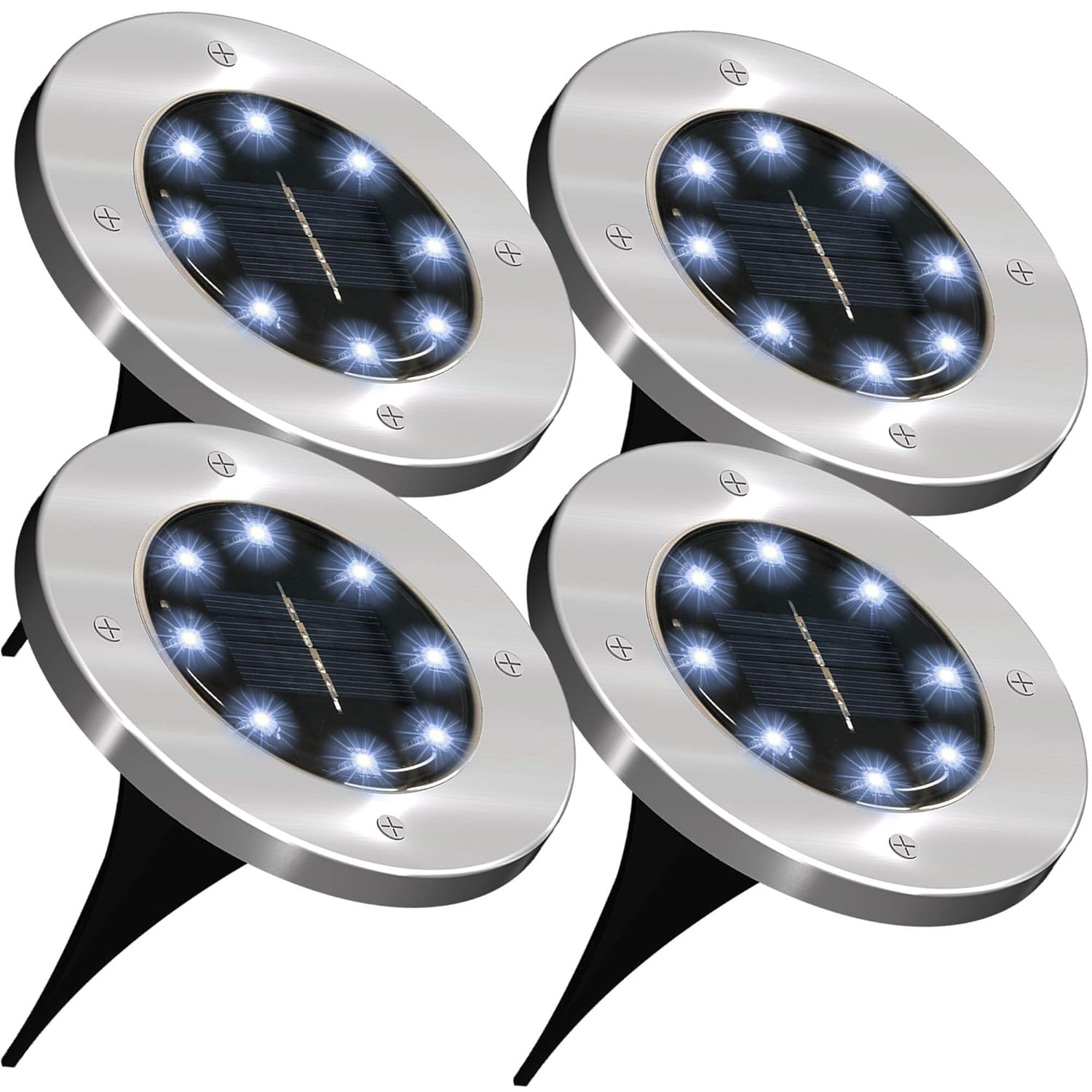 Sunco Lighting 4 Pack Solar Path Lights, Dusk-to-Dawn, 7000K Diamond White, Cross Spike Stake for Easy in Ground Install, Solar Powered LED Landscape Lighting - RoHS/CE