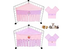 VOZRELS 2 PCS Guinea Pig Corner Hideout with 3-Side Curtain, Cozy Fleece Guinea Pig Corner Hideaway Washable, Triangular Hammock for Rabbit, Bunny, Rat and Small Animal Cage Accessories (Pink+Purple)