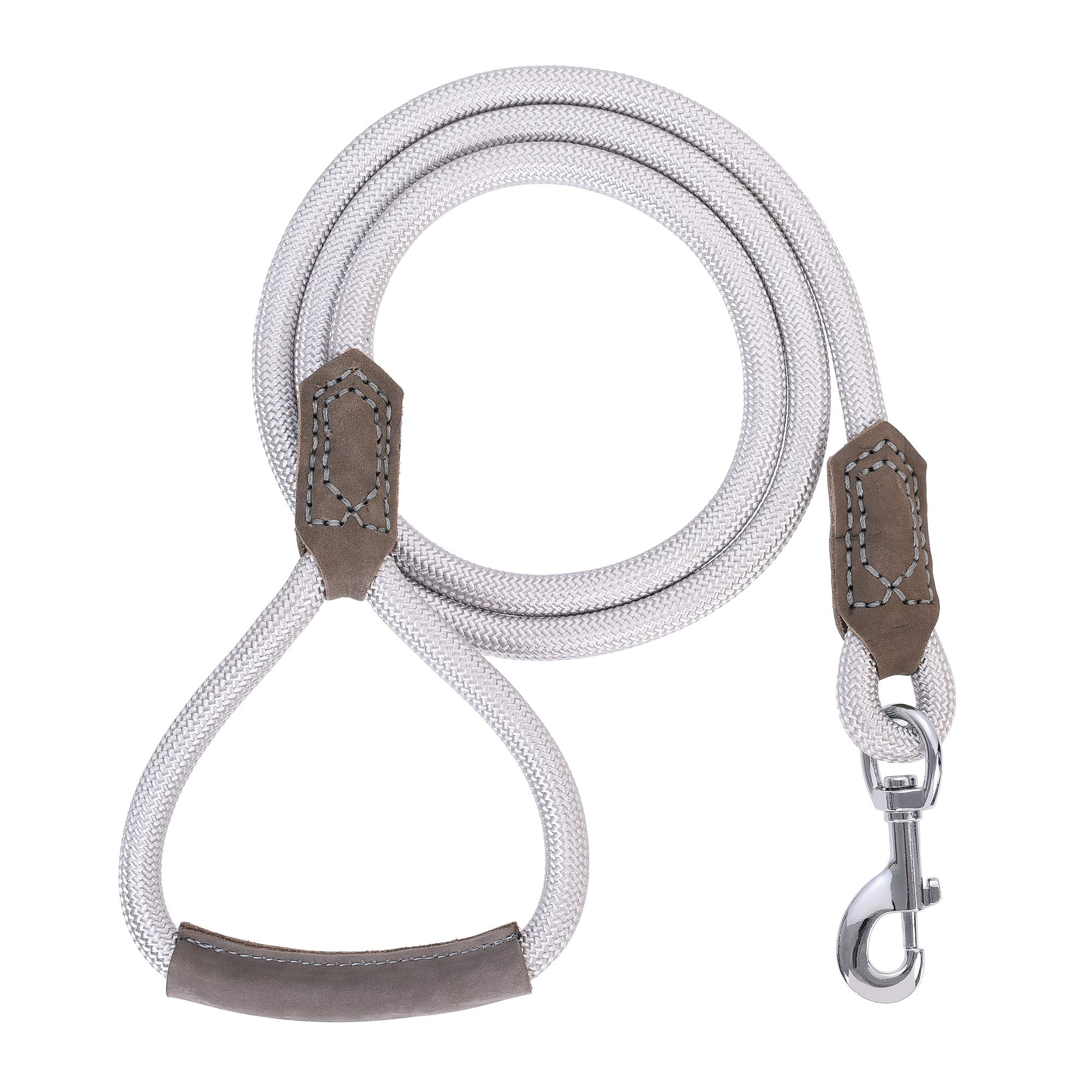 Mile High Life | Premium Leather Dog Leash | Strong Rope Leash | Leather Handle | Zinc Alloy Strong Clasp | Small Medium Large Dogs | 4/5/6 Feet (60 Inch, Silver)