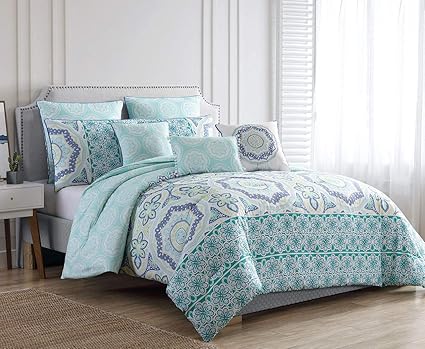Amazon Com 12 Piece Mahina Aqua Blue Bed In A Bag Set King Home