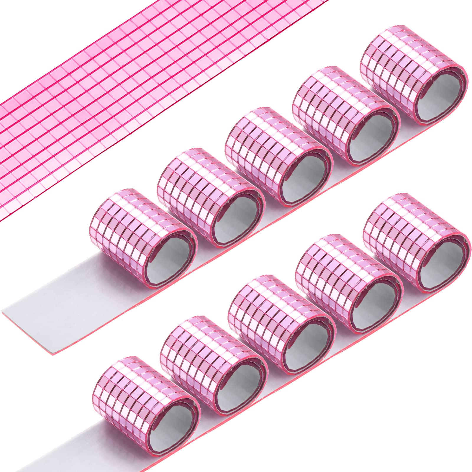 Photo 1 of Queekay 4800 Pcs Disco Ball Self Adhesive Mirror Mosaic Tiles Glass 5 x 5 mm Mini Disco Tiles Stickers Tape for Crafts Small Square Mirror for DIY Decoration(Pink)