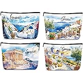 Luvsweets Greece Travel Souvenirs Gifts - 4Pcs Greece Travel Essentials Makeup Bags, Watercolor Greek Vacation Must Have Cosmetic Toiletry Bags with Zipper, Greek Gifts for Travelers Women Girls