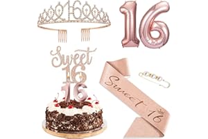 AgQrDkrc Sweet 16 party decorations,Rose gold,Include 16th Sweet Rhinestone Tiara Crown,Birthday Queen Sash with Pearl Pin,Cake topper,Number Candles and Balloons,Sweet 16 gifts for girls