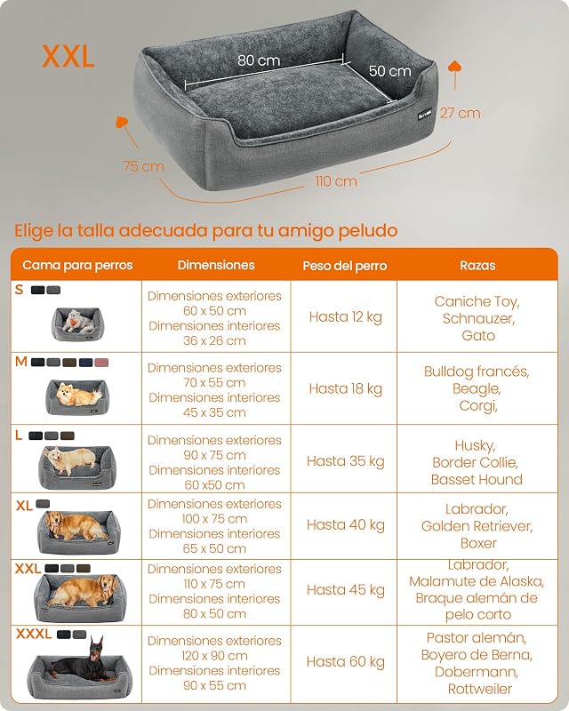 Cama para cães, bordas elevadas, 110 x 75 x 27 cm