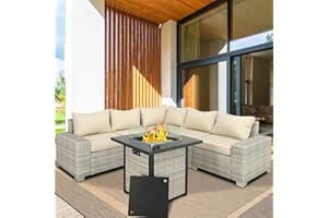 Furnimy Outdoor Furniture Patio Furniture Sets Conversation Sets Sectional Sofa Couch Wicker Rattan Balcony Furniture for Lawn,Garden,Porch and Poolside (Gray-Beige, w/Fire Pit Table)