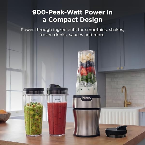 NINJA NUTRI-PLUS PERSONAL BLENDER | COMPACT PUSH TO BLEND | MAKE FROZEN DRINKS, SMOOTHIES, SAUCES & MORE | WITH (3) 20 OZ. TO-GO CUPS, (2) SPOUT-LIDS & (1) STORAGE-LID | 900 PEAK WATT | SILVER | BN301