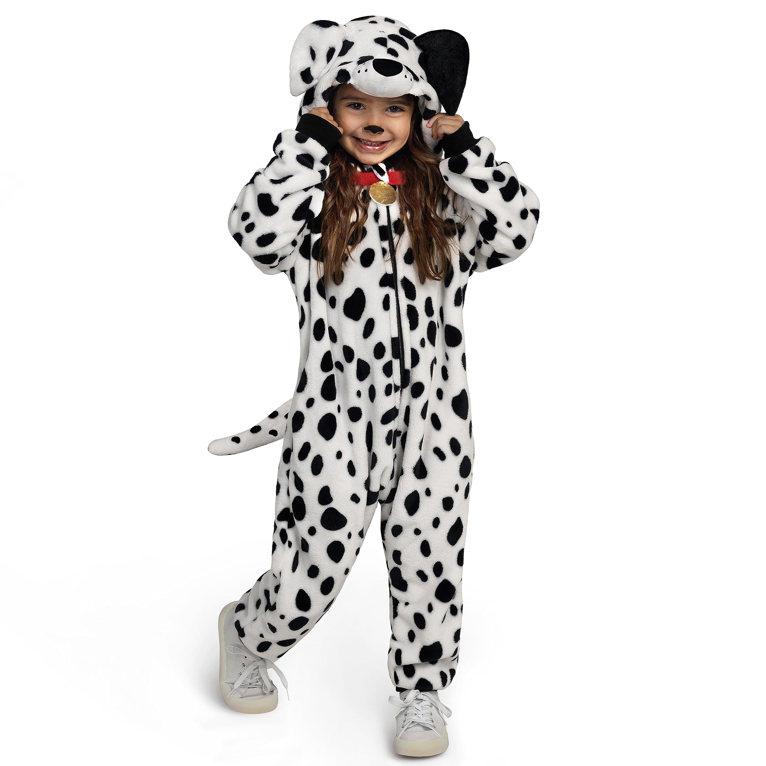 Photo 1 of Spooktacular Creations Halloween Dalmatian Jumpsuit Kids, Zip-Up Puppy Hooded Unisex Jumpsuit for Child Halloween Cosplay Costume White