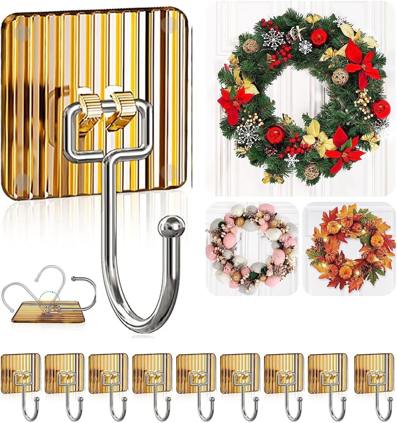 Ornament Hooks - WEERSHUN 10 Pack Wreath Hanger Adhesive Wall Hooks Acrylic Adhesive Hooks for Hanging for Hanging Heavy Duty Halloween Christmas Decorations Kitchen Bathroom Home Decor (10 Transparent Gold)