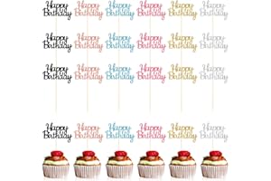 Telooco 24Pcs Happy Birthday Cupcake Toppers 6 Colors Glitter Happy Birthday Cupcake Picks Decorations for Celebrating Happy Birthday Party Cake Decorations Supplies 4.7 x 3 Inch