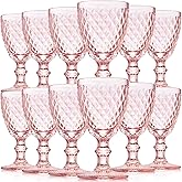 Lallisa 12 Pcs Pink Wine Glass Set Vintage Glassware Pink Goblets 8 oz Embossed Drinking Glass with Stem High Clear Stemmed Cups Goblet for Wedding Party Banquet Feast Bar, Daily Use