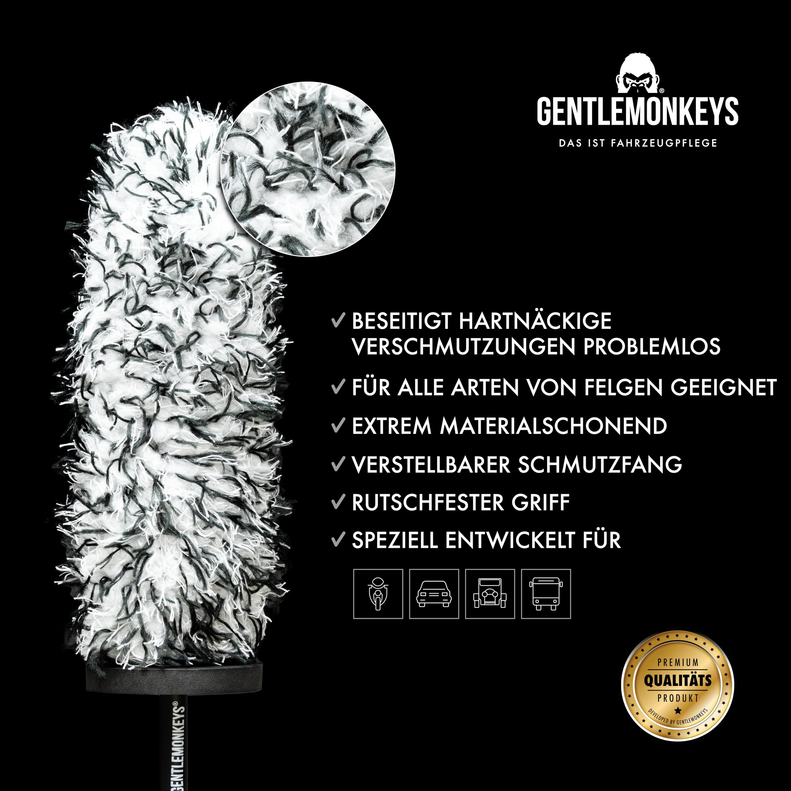 GENTLEMONKEYS Profi Mikrofaser Felgenbürste • Felgenreinigungsbürste mit wechselbarem Bürstenbezug • Auto Felgenbürste für schonende Reinigung • Microfaser Felgenbürste für alle Felgen 3