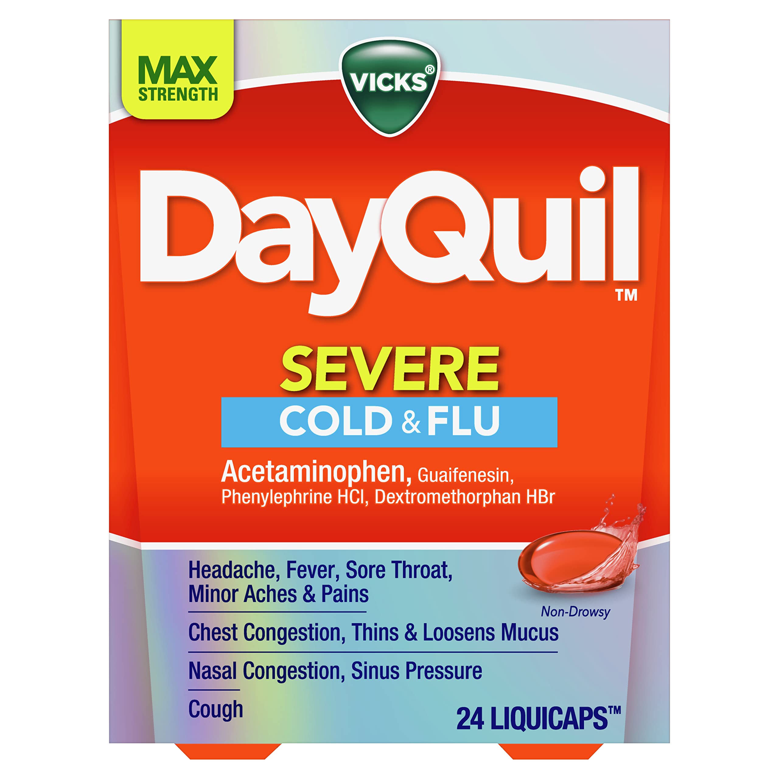 Vicks DayQuil Severe Cold, Flu & Congestion Medicine, Liquicaps, Maximum Strength Orange, 24 Count