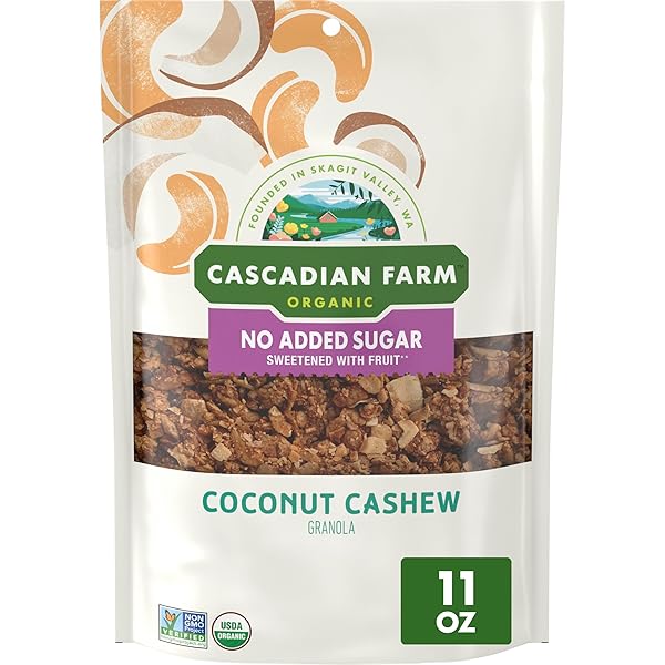 CASCADIAN FARM ORGANIC GRANOLA WITH NO ADDED SUGAR, COCONUT CASHEW CEREAL, RESEALABLE POUCH, 11 OZ.