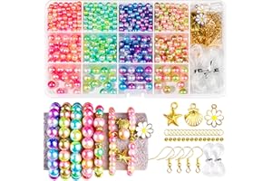 LEOBRO Pearl Beads for Bracelet Making, Iridescent Pearl Beads Bracelet Making Kit, Pearls for Crafting, Friendship Bracelets Beads, Loose Pearls for Jewelry Making, Crafts (Assorted Sizes)