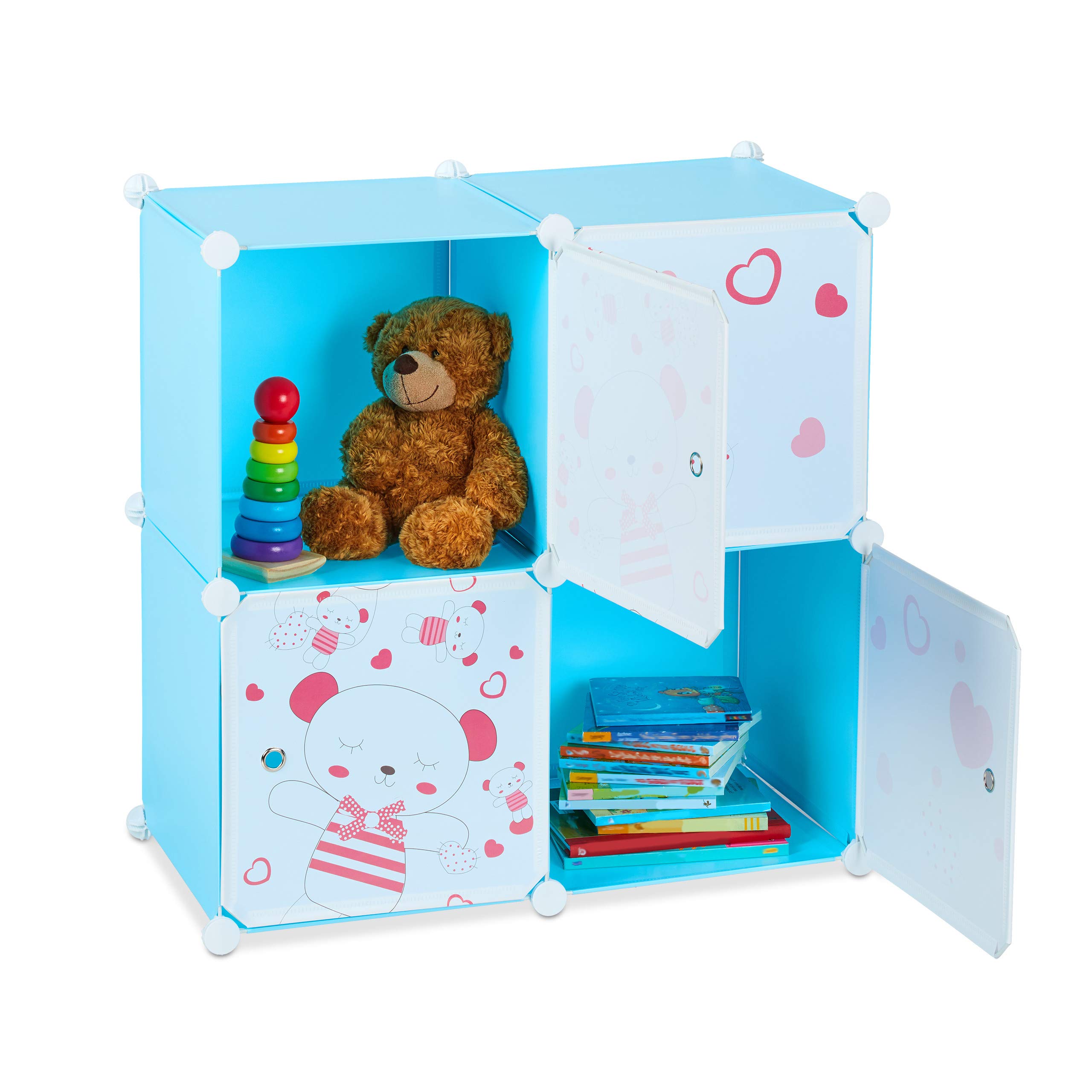 Relaxdays Kids’ Toy Shelving Unit, Teddy Design, 4 Compartments, Extendible, DIY, Modular, HWD: 75x75x36.5cm, Blue