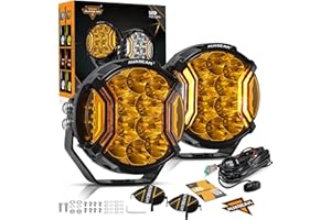 Auxbeam V-Ultra Series LED Round Light Pods, 5 Inch 172W Offroad Driving Side Shooter Light with Amber DRL, 270° Wide Range 20400LM Yellow/Amber Hyper Spot Beam Ditch Lights with Black Cover