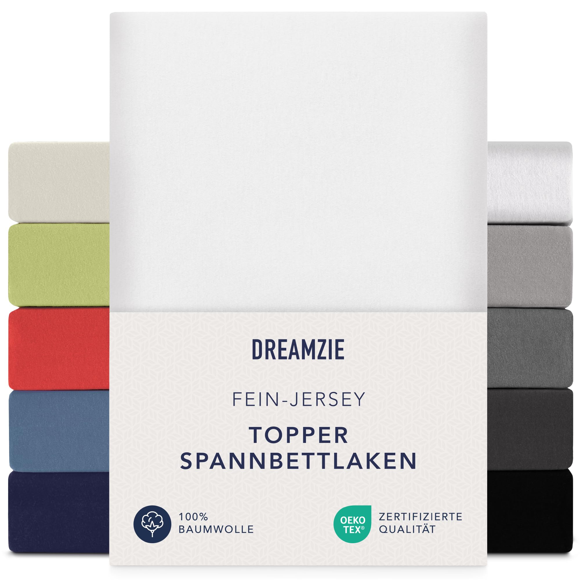 Dreamzie Premium Topper Fitted Sheet 90 x 200 cm - 100 x 200 cm - Extra Low Side Height - for Topper - Fitted Sheet Jersey Cotton, 150 g/m² - Oeko-Tex - White