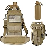 AIKOTOO 32 oz Insulated Water Bottle with Sleeve - Tactical Stainless Steel Metal Water Jug, Wide Mouth Gym Water Bottles for Men Sports Workout Hiking with Pouch Khaki