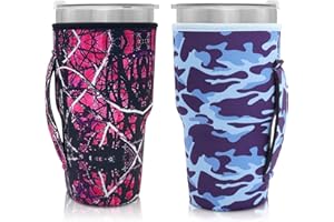 AJLTPA Neoprene Insulated Sleeves Cup Holder with Handle for 30oz - 32oz Tumbler Cups, Reusable Iced Coffee Cup Sleeve For XLarge 38-42oz Coffee cups(Camo(2 Pack))
