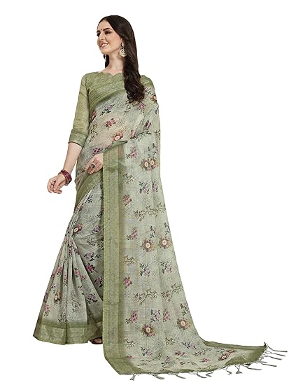 Womens Linen Saree With Unstitched Blouse Piece (7ARDHN28002 linen Sarees_Olive Green)