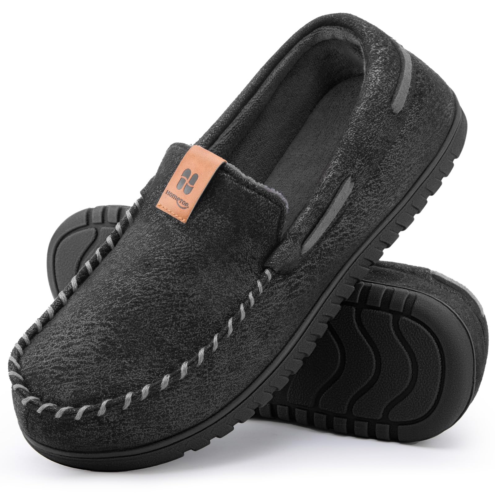 HomeTop Men's Microsuede Moccasin Slippers with Memory Foam and Coral Fleece Lining (11 US,Abyssal Black) Image