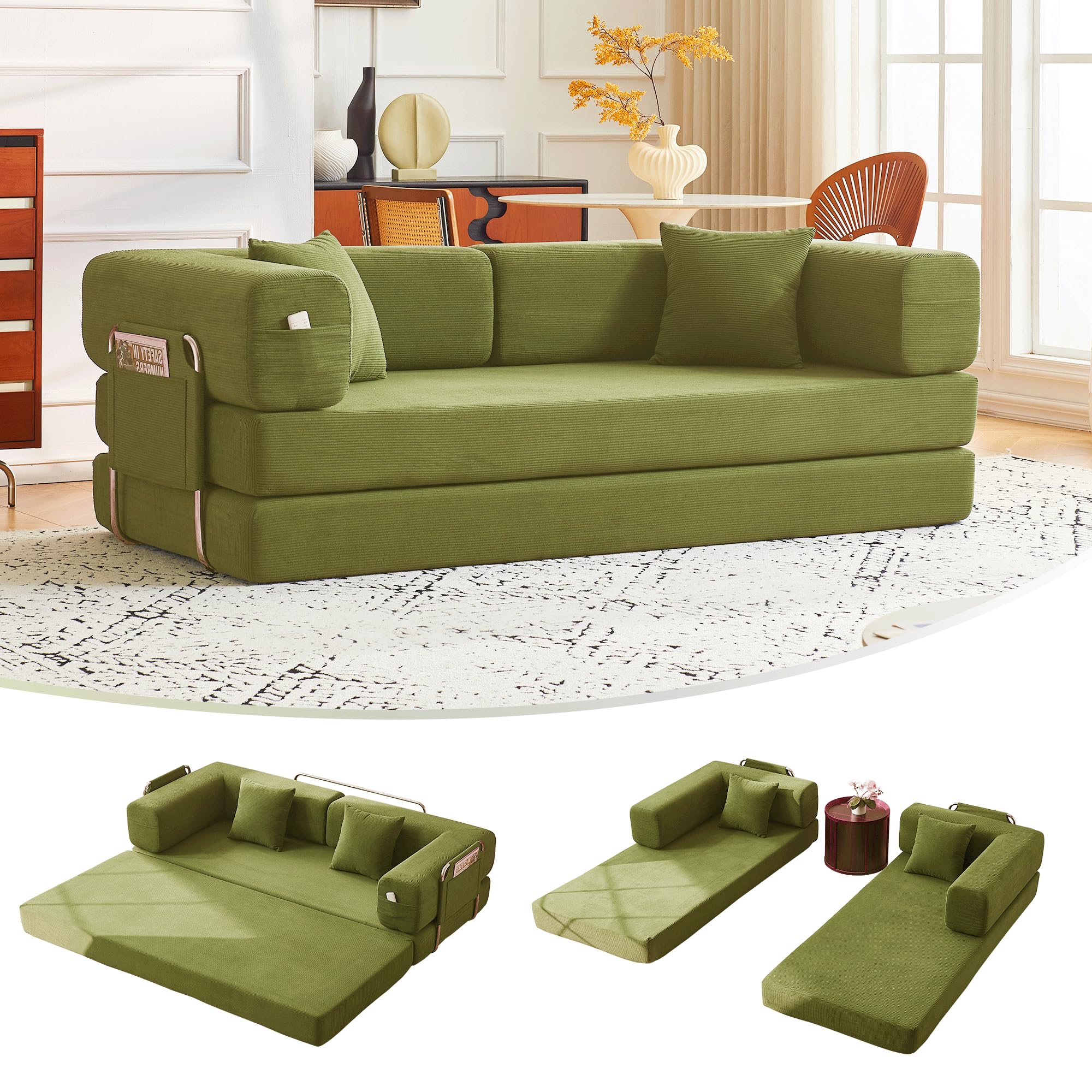 Photo 1 of ** SIMILAR**79" Convertible Sofa Bed with Pillows, Corduroy Folding Sleeper Sofa with Fixed-Shape Frame, Boneless Couch for Living Room Bedroom, Floor Sofa Lounge No Assembly Required (A - Style - Olive Green)