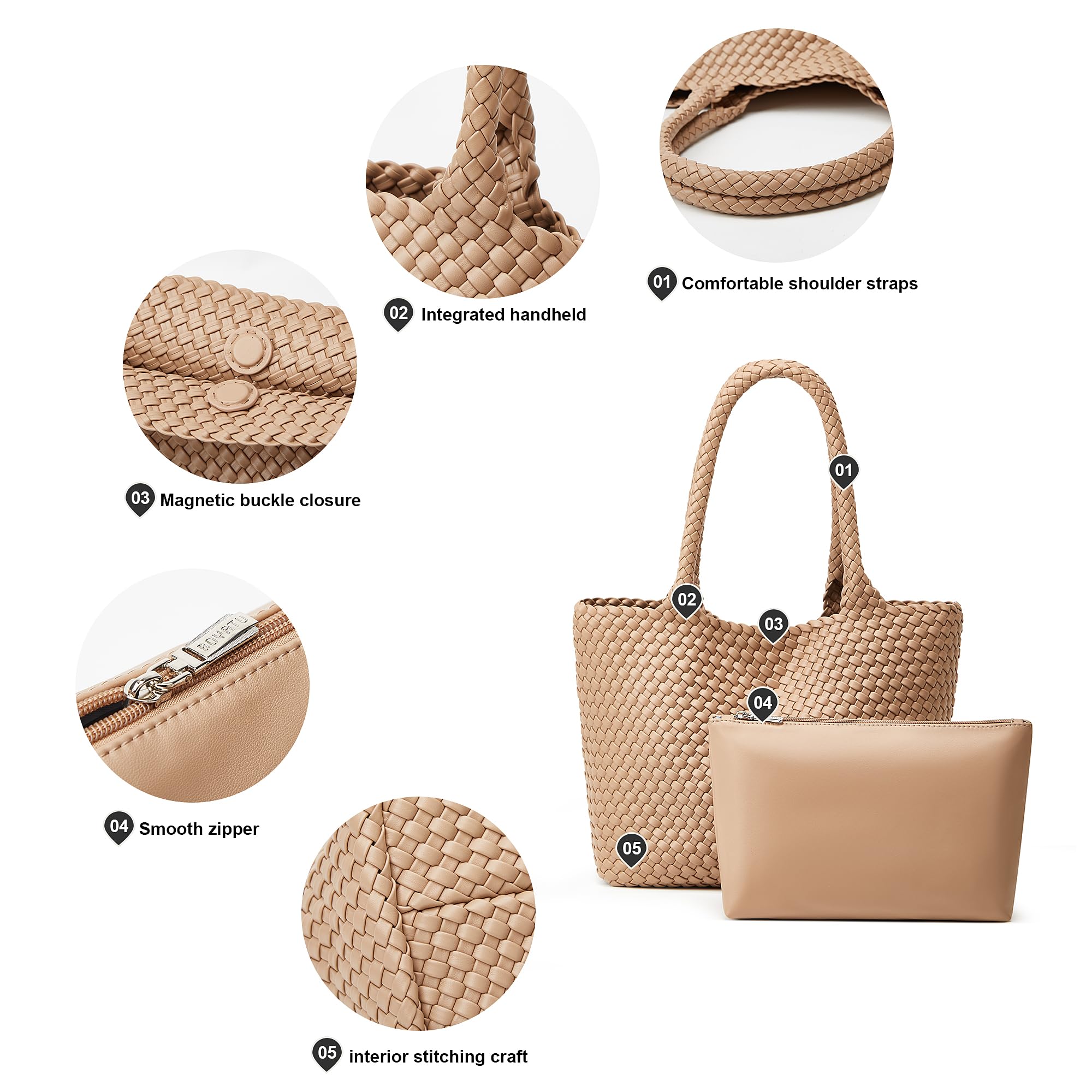 BOYATU Woven Tote Bag Womens Purse: Vegan Leather Shoulder Handbags - Fashion Summer Beach Tote Bags - Large Travel Totes