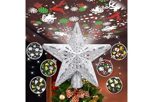 Winpull Christmas Tree Topper Lighted with 6 Pattern Projection Modes, Christmas Star Tree Topper Built-in LED Rotating Lights, 3D Glitter Projector for Christmas Decorations (Silver)