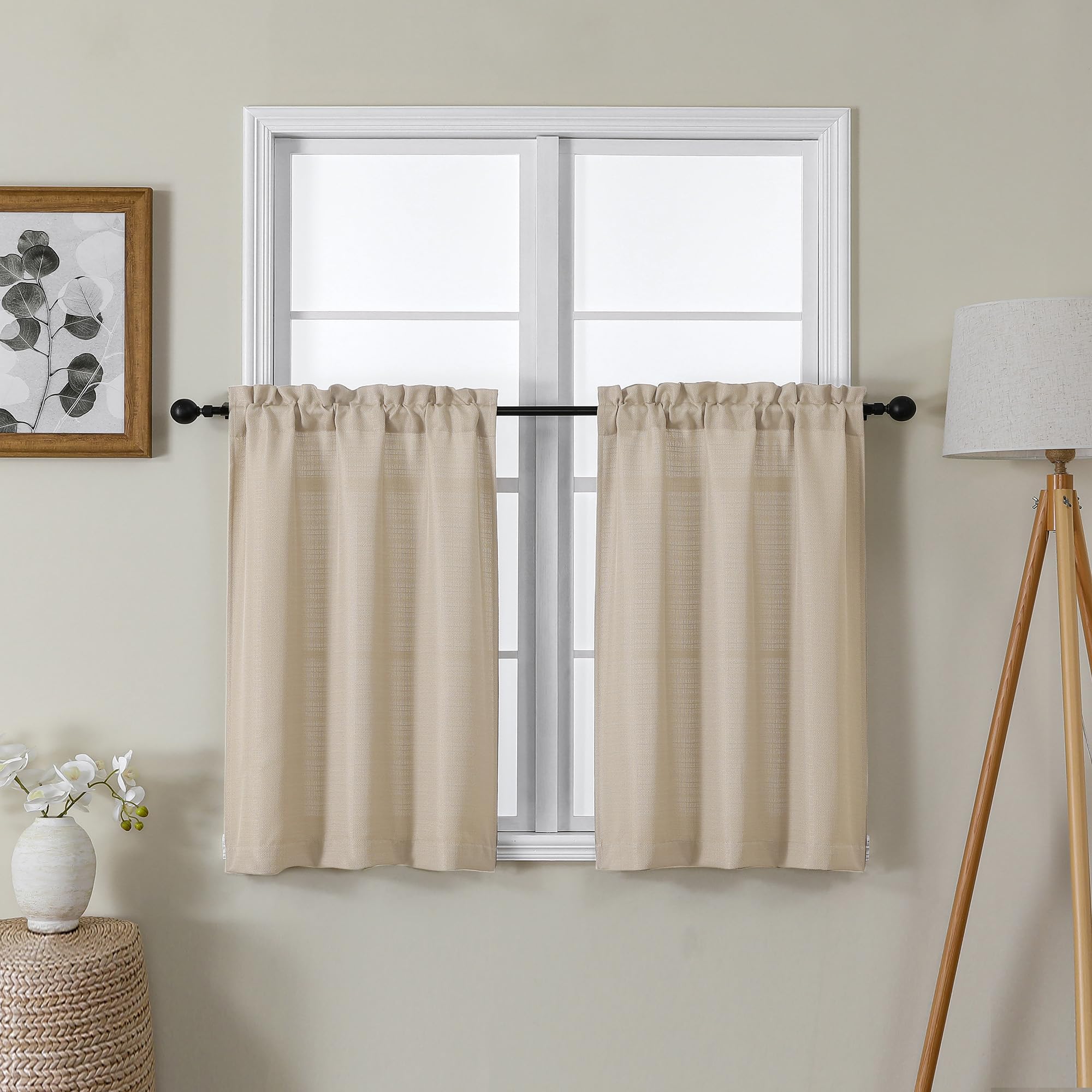 Photo 1 of Lecloud Bessie Kitchen Curtains 30 Inch Length 2 Pcs, Linen Color Faux Linen Light Filtering Tiers, Short Window Treatments for Bedroom with Dual Rod Pocket, Each 30 W x 30 L