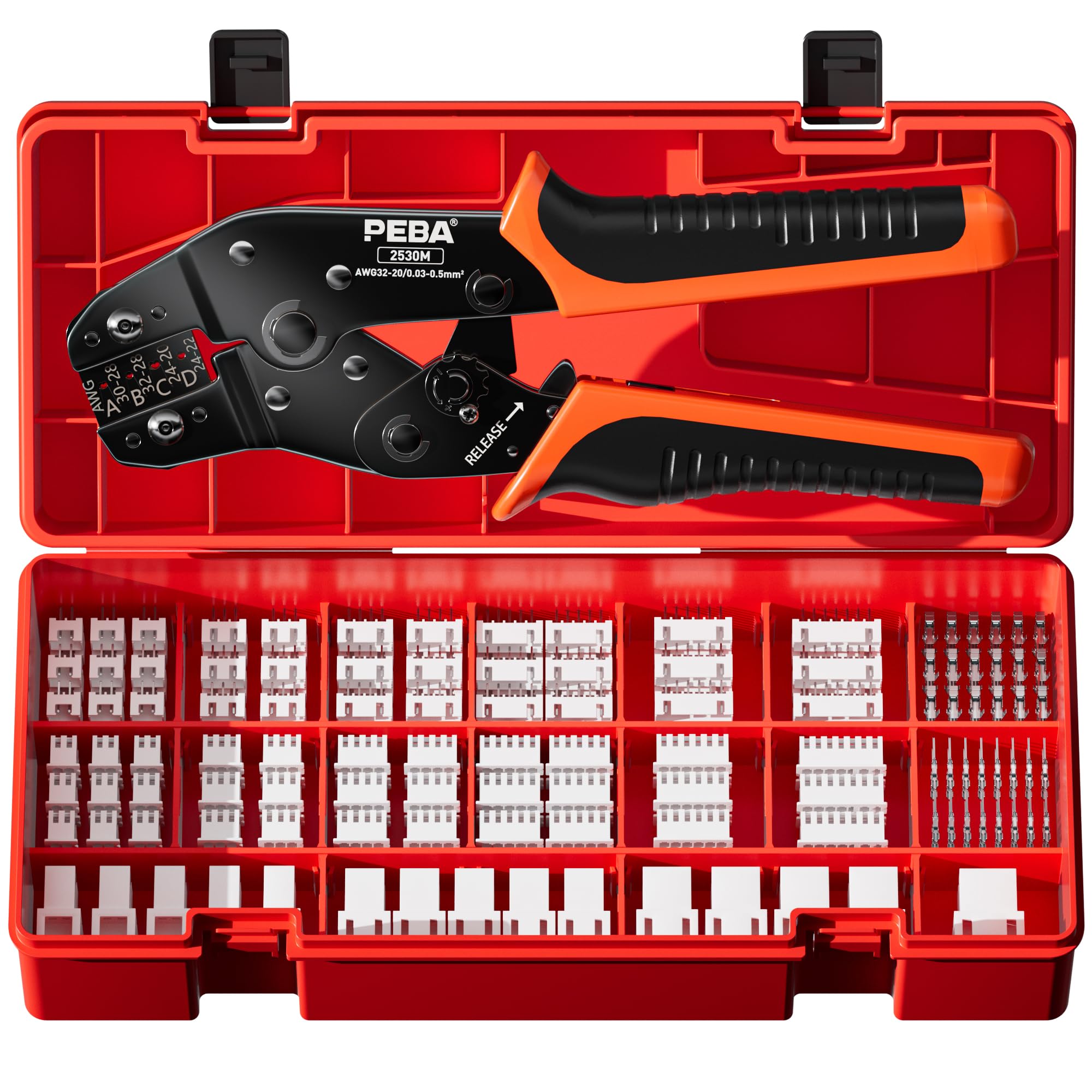 PEBA Crimping Tool and JST Connector Kit - 18 Types of 2.5 mm JST-XH Connectors & Crimp Pins, 2/3/4/5/6/7-Pin JST Housings and Contacts, for DIY Electronics - Suitable for 0.03-0.5 mm² Wires