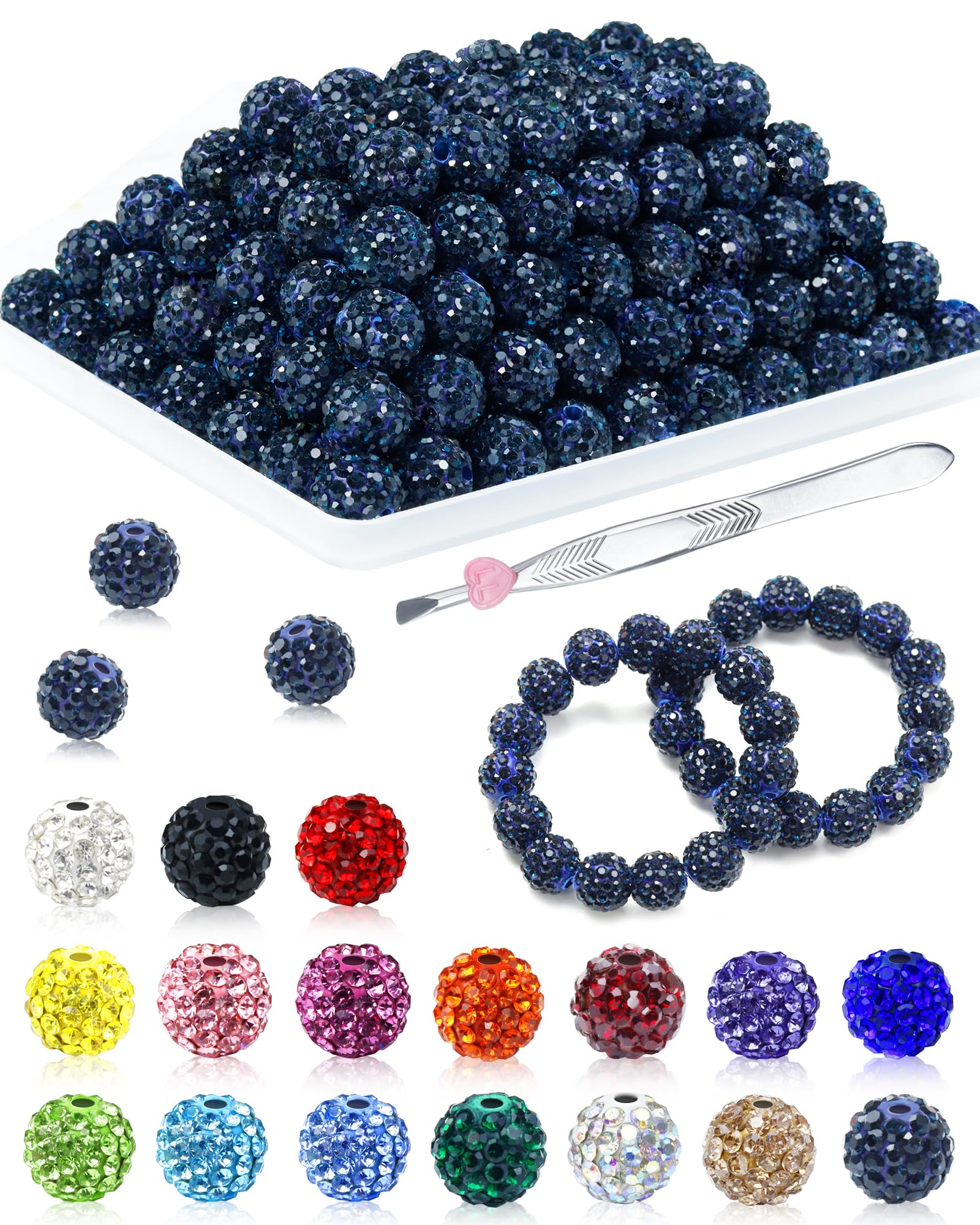 Photo 1 of 120PCS FIVEIZERO Rhinestone Beads for Jewelry Making, 10mm Blue Black Shiny Round Sparkle Crystal Clay Bead Bulk Sparkly Baseball Necklace Beads for Bracelets and DIY Crafts