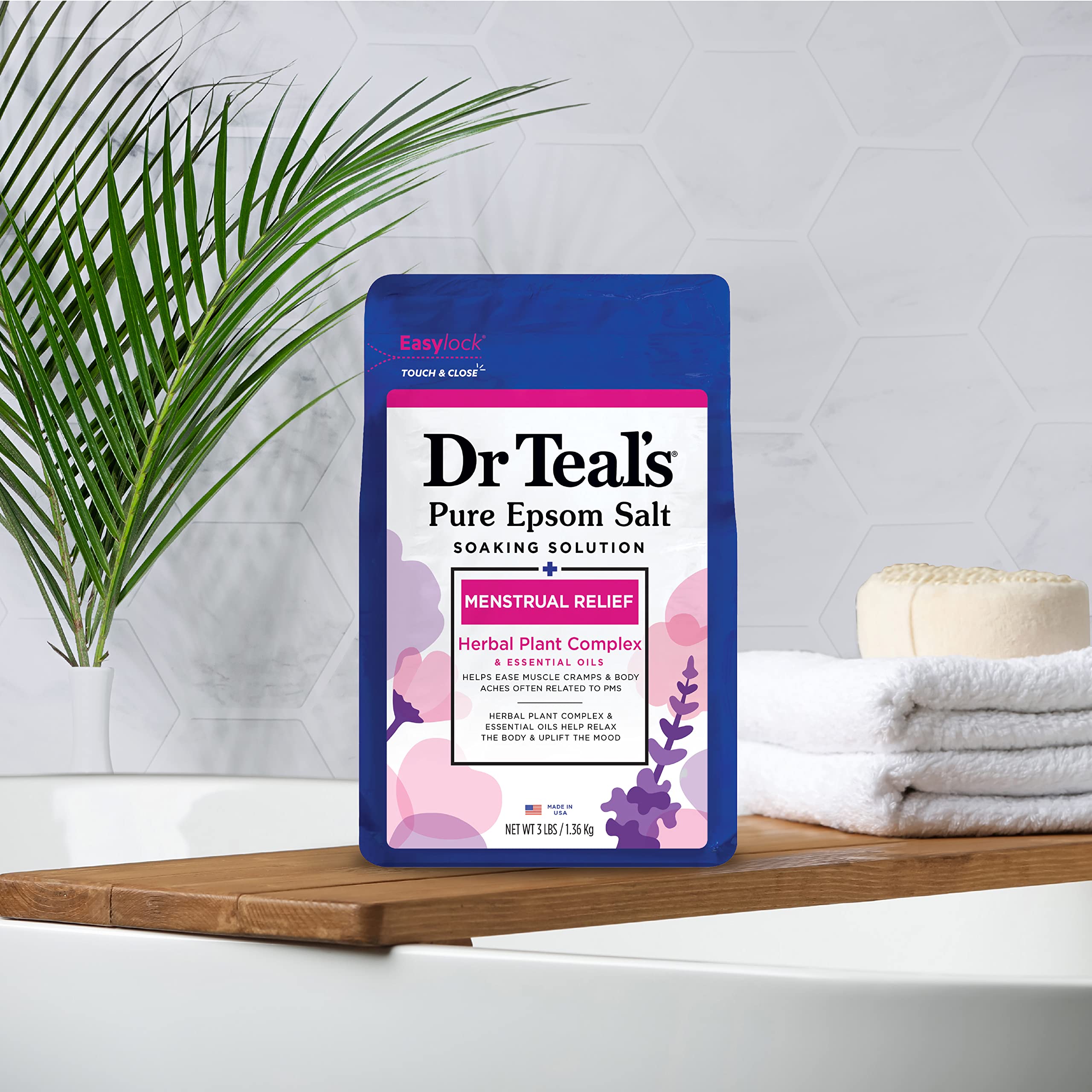 Dr Teal's Pure Epsom Magnesium Salt Soaking Solution, Menstrual Relief with Herbal Plant Complex & Essential Oils 3 lbs (Pack of 4)
