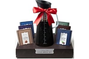 BONJOIE Cold Brew Coffee Gift Set for Coffee Lovers - Coffee Set including Cold Brew Coffee Maker / Iced Coffee Pitcher and Ground Coffee - Christmas Gift Basket For Men and Women - Perfect Holiday Gifts Set