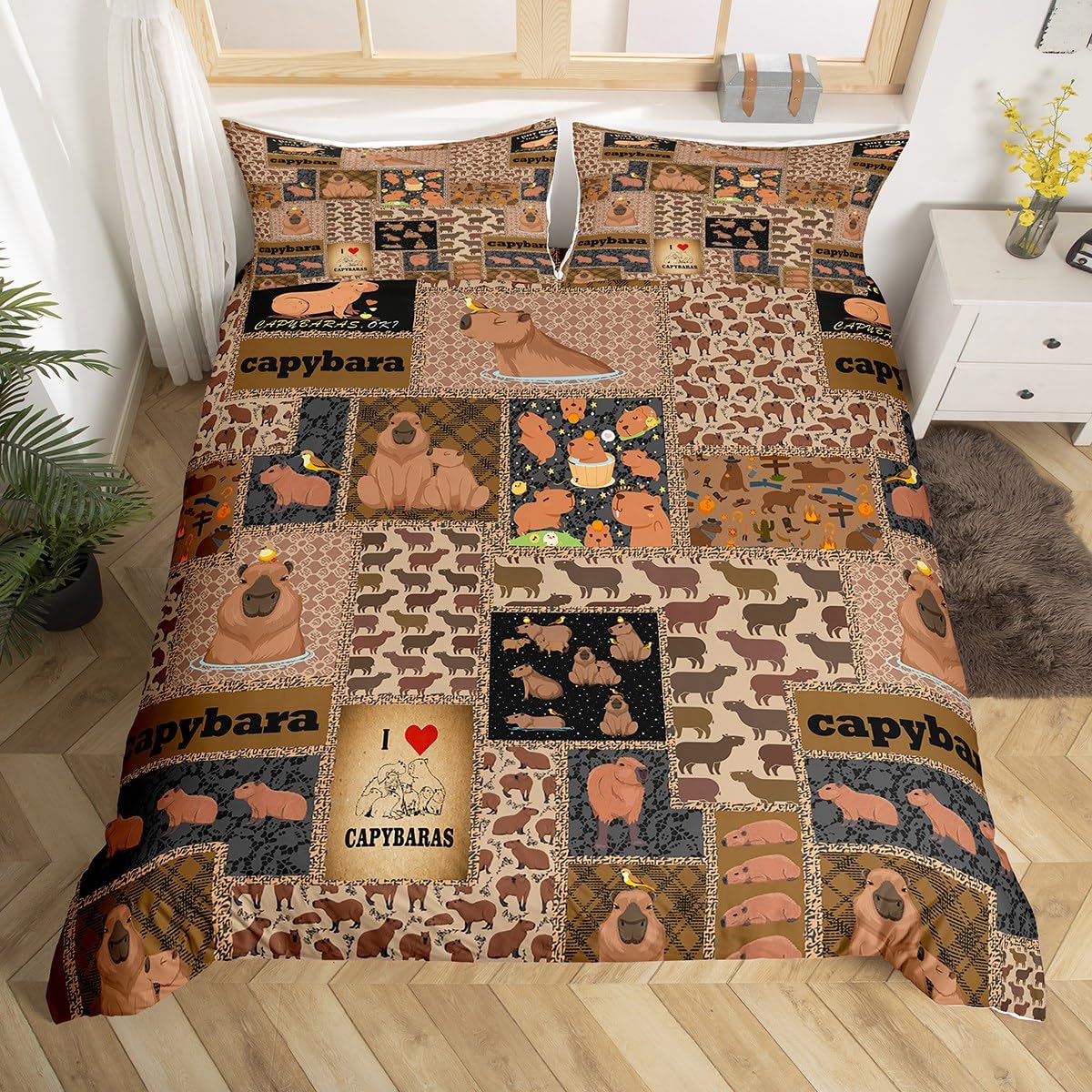 Loussiesd Capybara Duvet Cover Cute Capybara Bedding Set for Boys Girls Cartoon Capybara Comforter Cover Brown Capybara Bedspread Cover Breathable Bedding Collection 2Pcs Single