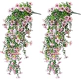 VDVST Artificial Hanging Flowers for Outdoors, 2 Pcs UV Resistant Artificial Outdoor Flowers, Not-Fading Fake Hanging Plant for Outdoor Planters for Home Garden Porch Yard Decor,Double Pink