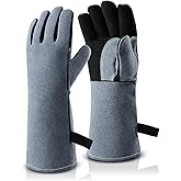 OZERO 932°F Heat Resistant Welding Gloves 16 inches Cowhide Leather - Long Sleeve and Insulated Lining BBQ Glove for Tig Welder/Mig/Grill/Barbecue/Stove Black-gray