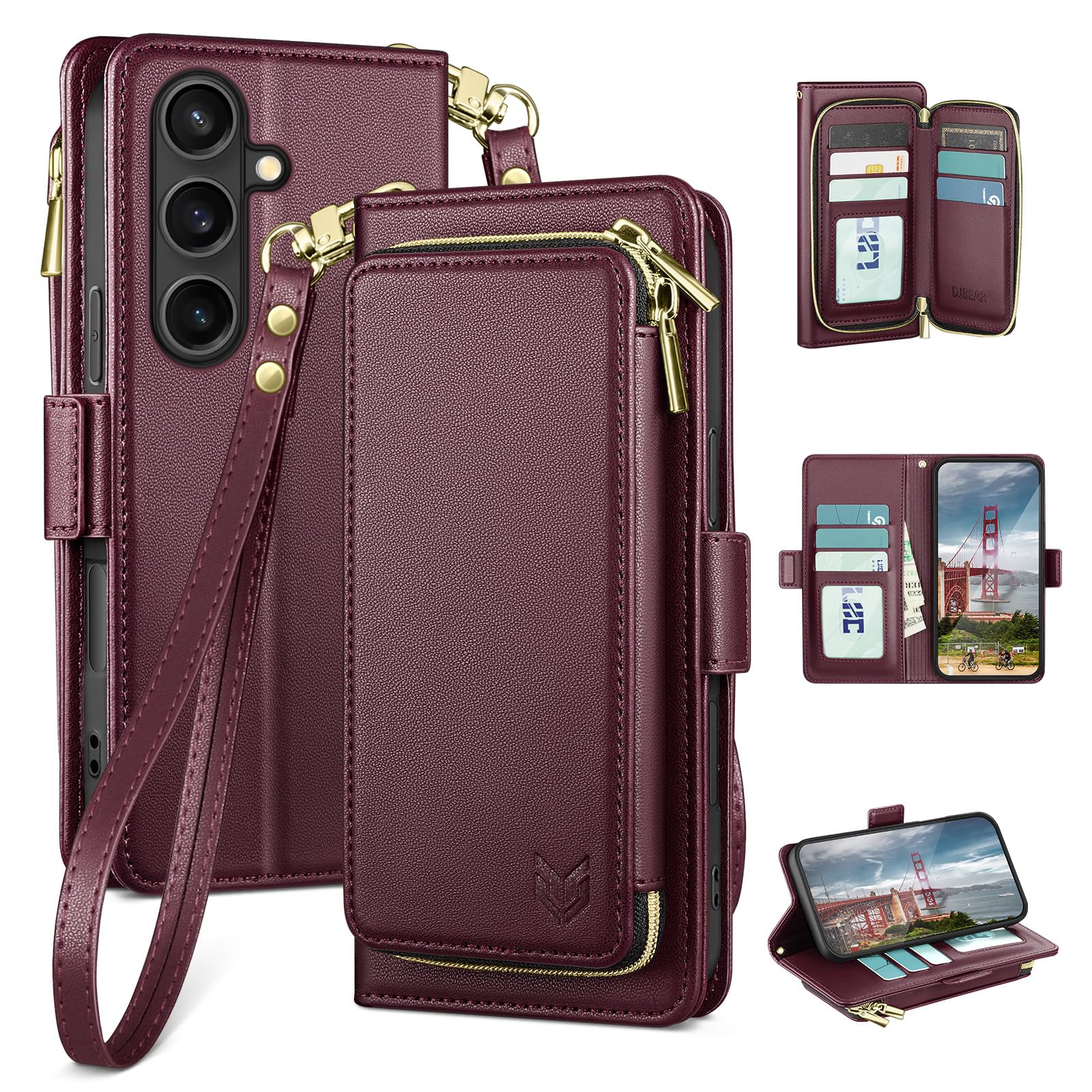 DJBEAR for Samsung Galaxy S26 Wallet Case for Men & Women, All-in-One Flip Folio Cover with 9 Card Slots, Zipper Pocket, Detachable Wrist Strap, Full Body Protection for Samsung S26 Wine Red