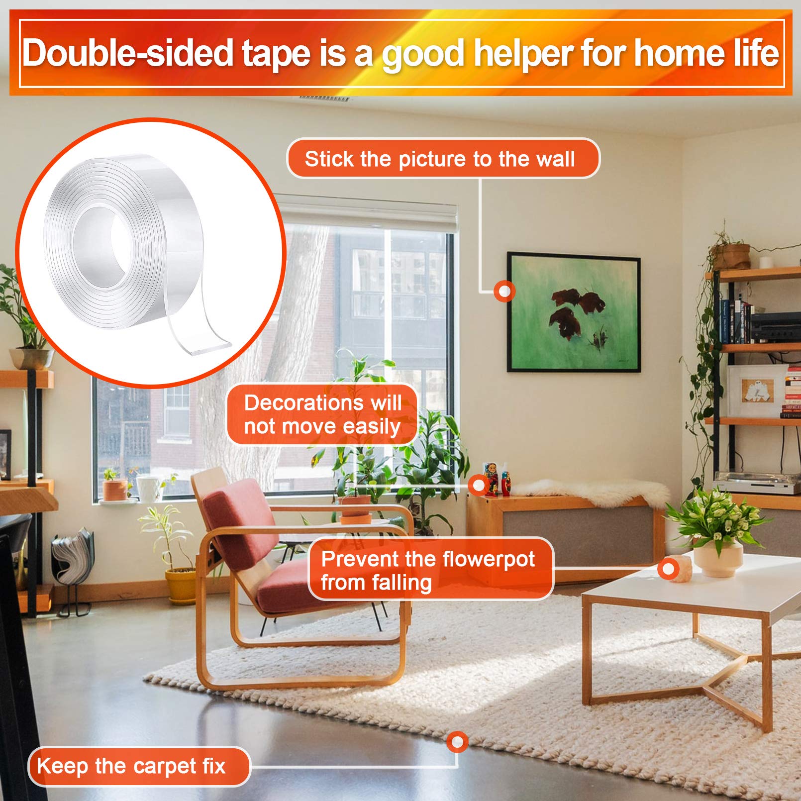 Doppelseitiges Waschbares Spurloses Klebeband,Transparent Entfernbares Wiederverwendbares Klebestreifen, Extra Starke Klebekraft Wasserdichtes, rutschfest Multifunktionales (3M x 3CM x 2MM) 6