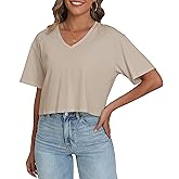 PRIMODA Women's Oversized Crop Tops Boxy V Neck Short Sleeve Cropped T Shirts Loose Summer Workout Crop Tee Tops