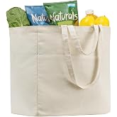 Carbrea Reusable Canvas Grocery Tote Bag with Bottom Support, Beige, 1 PCS | with a Removable PE Bottom Board, 6 Inner Pocket