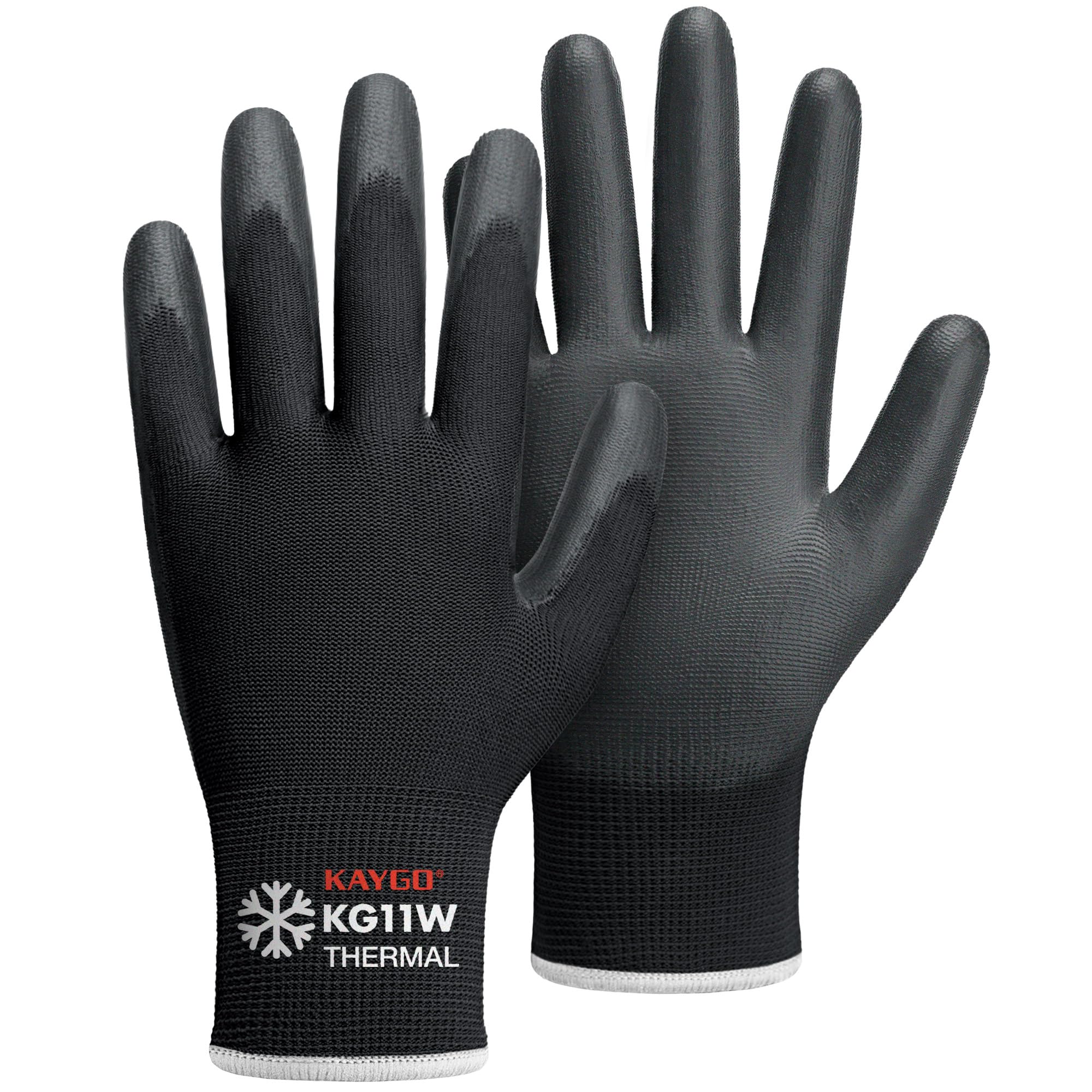 KAYGO Work Gloves PU Coated-12 Pairs, Thermal Fleece Liner, Good Grip, KG11W, Winter Safety Work Gloves for Men and Women, Ideal for Cold Weather Work Freezer Storage Warehouse (X-Large, Black) — image 1