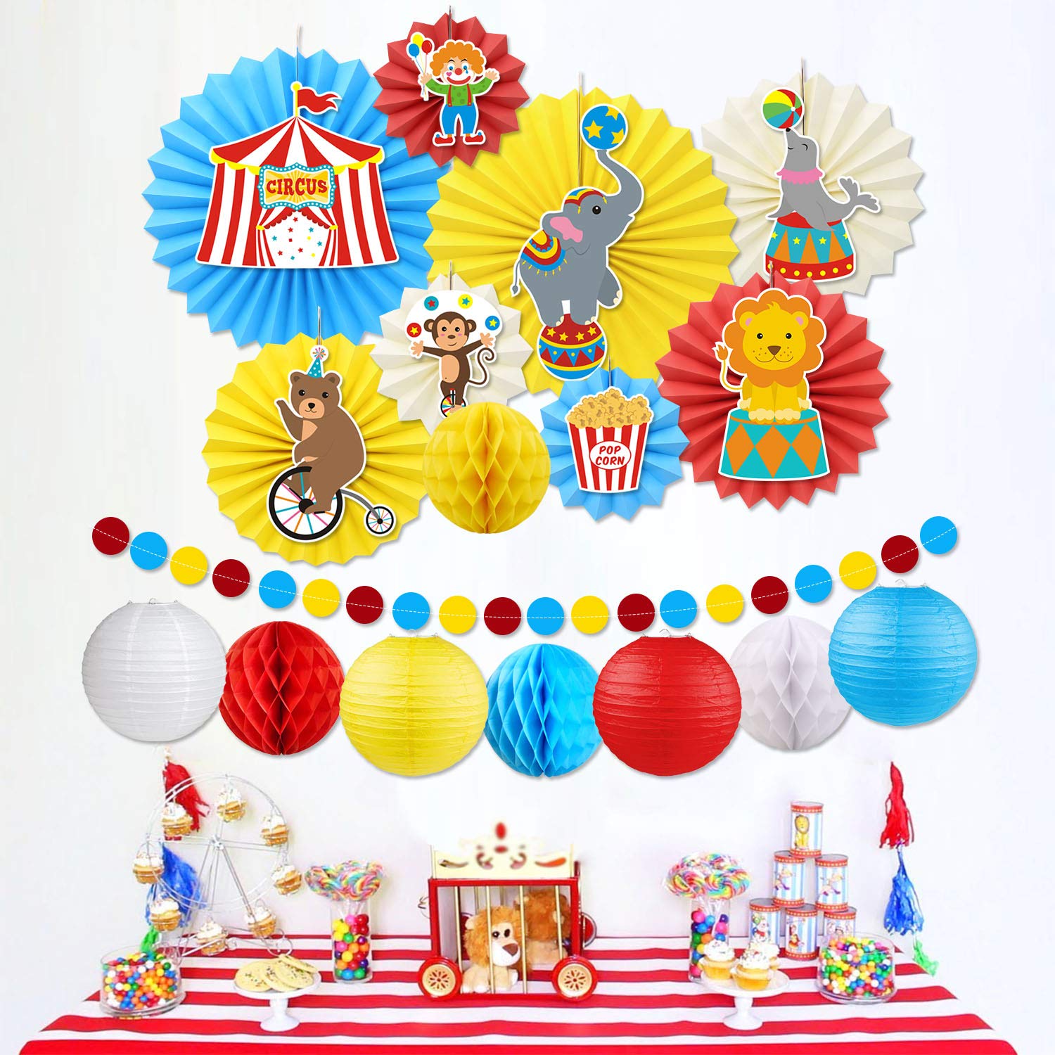 Party Supplies Carnival Theme Party Decorations Circus Birthday Party Supplies Circus Happy Birthday Banner Tissue Paper Pom Poms Flowers Honeycomb Ball Blue Red Yellow Balloons For Birthday Baby Shower Clown Backdrop Party