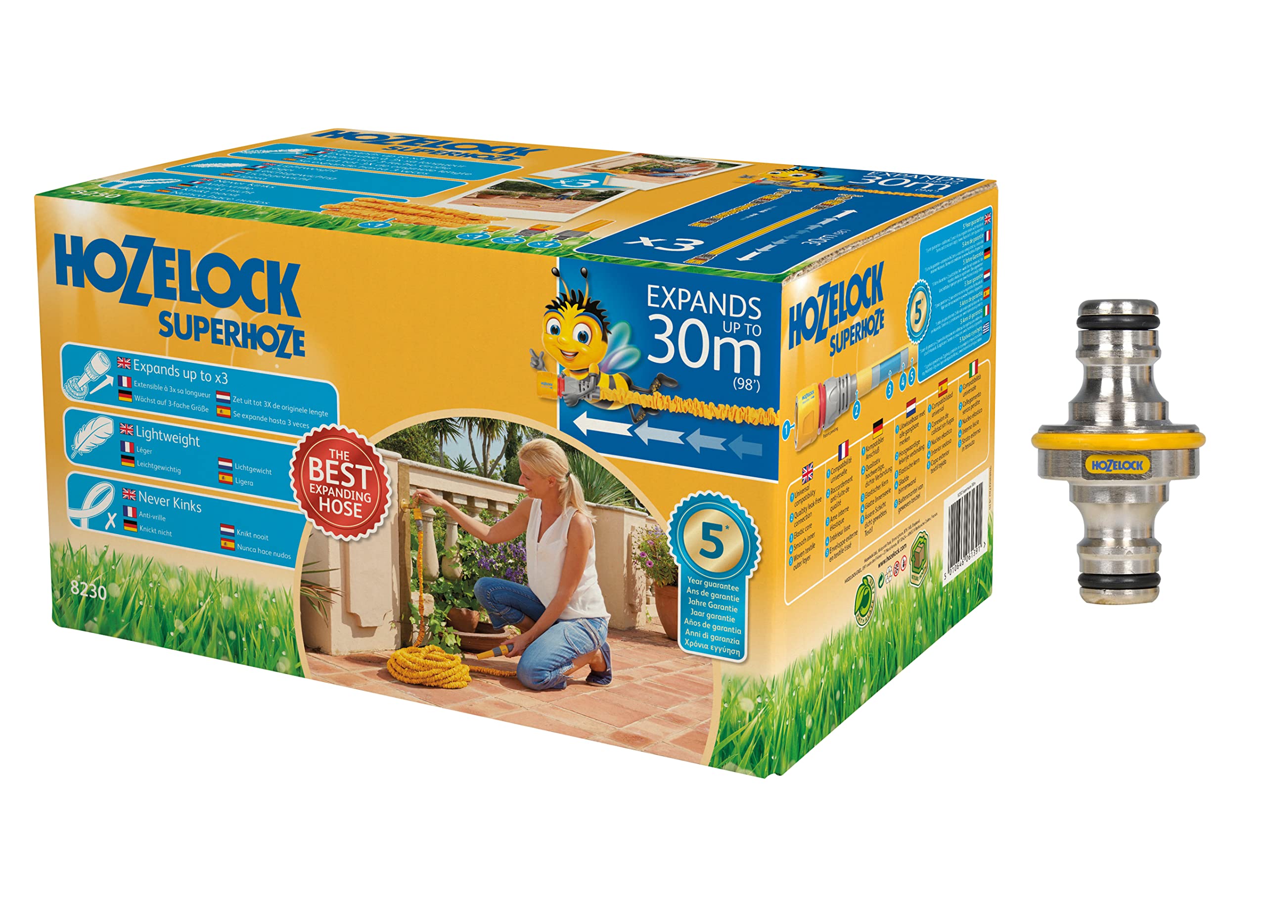 Hozelock 30m Superhoze Hosepipe, Yellow & Grey & Pro Metal Double Male Hose End Connector