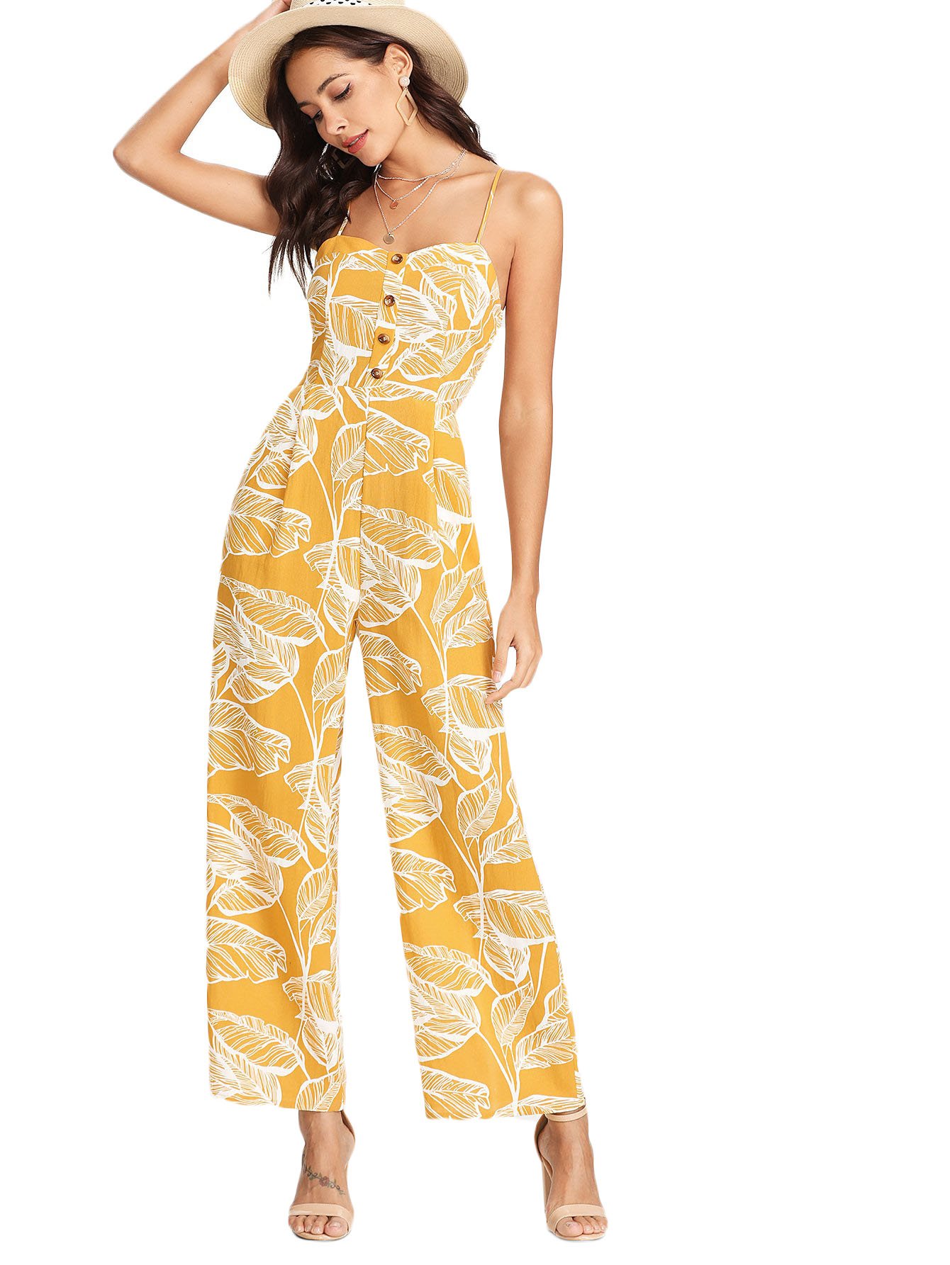 Photo 1 of Floerns Women's Palm Leaf Print Shirred Back Button Cami Palazzo Jumpsuit Yellow L