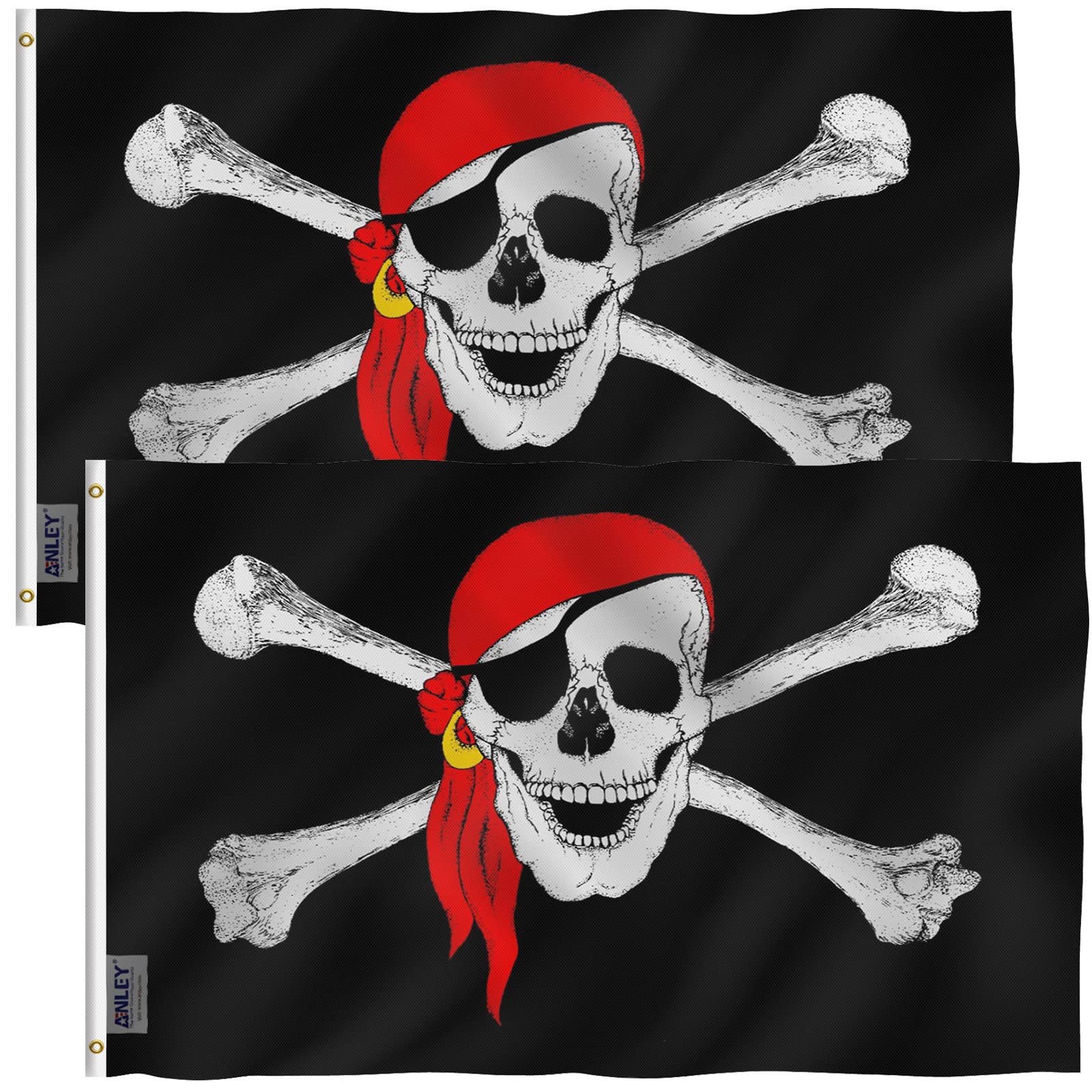 ANLEY Pack of 2 Fly Breeze 3x5 Foot Jolly Roger Flag with Red Bandana - Vivid Color and UV Fade Resistant - Canvas Header and Double Stitched - Pirate Flags Polyester with Brass Grommets 3 X 5 Ft