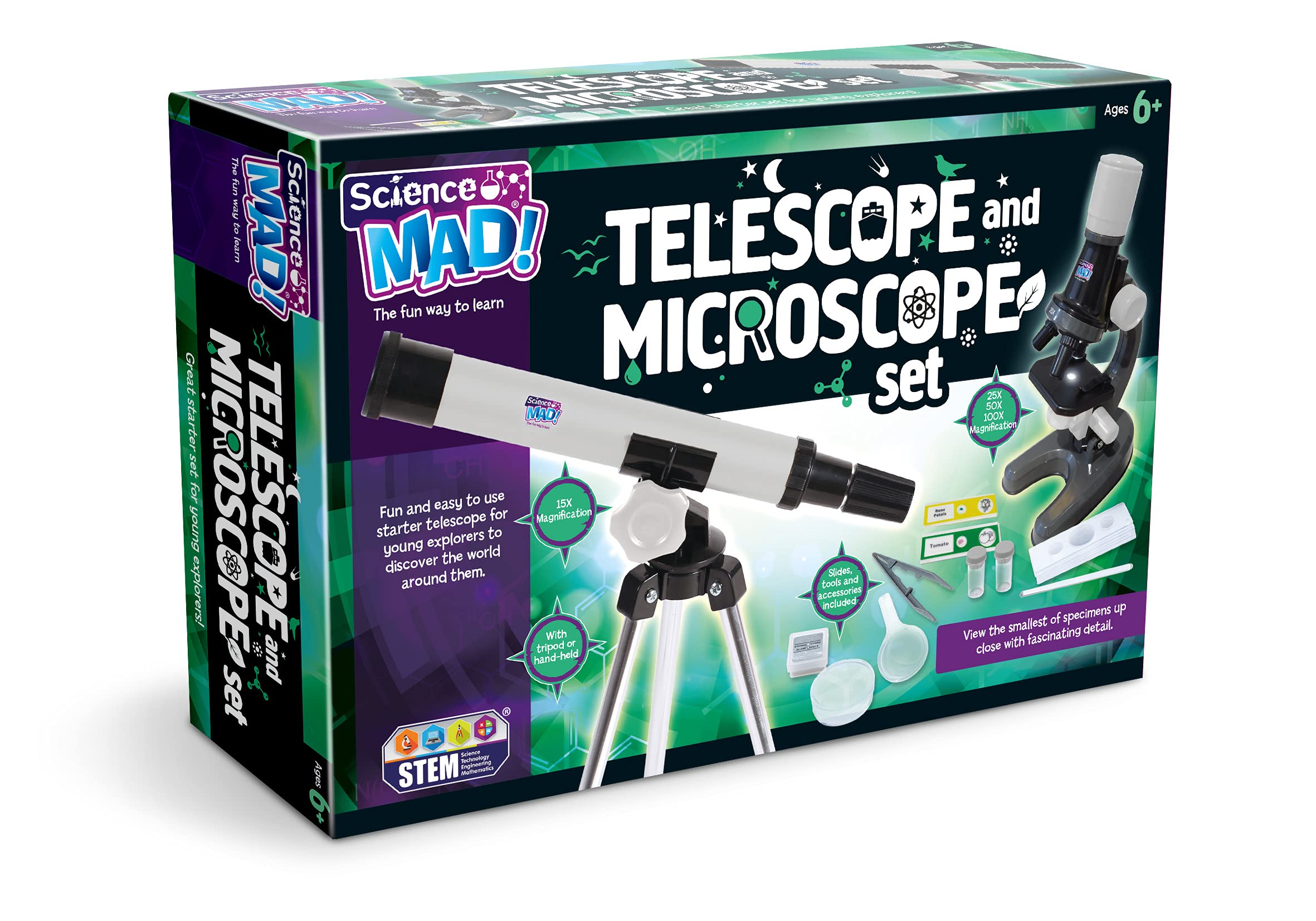 Science Mad - Microscope/Telescope Combo Set For Kids - Fun and Easy Starter 15x Magnification Telescope With Tripod and Stand + 100x Magnification Microscope, 6+ Years