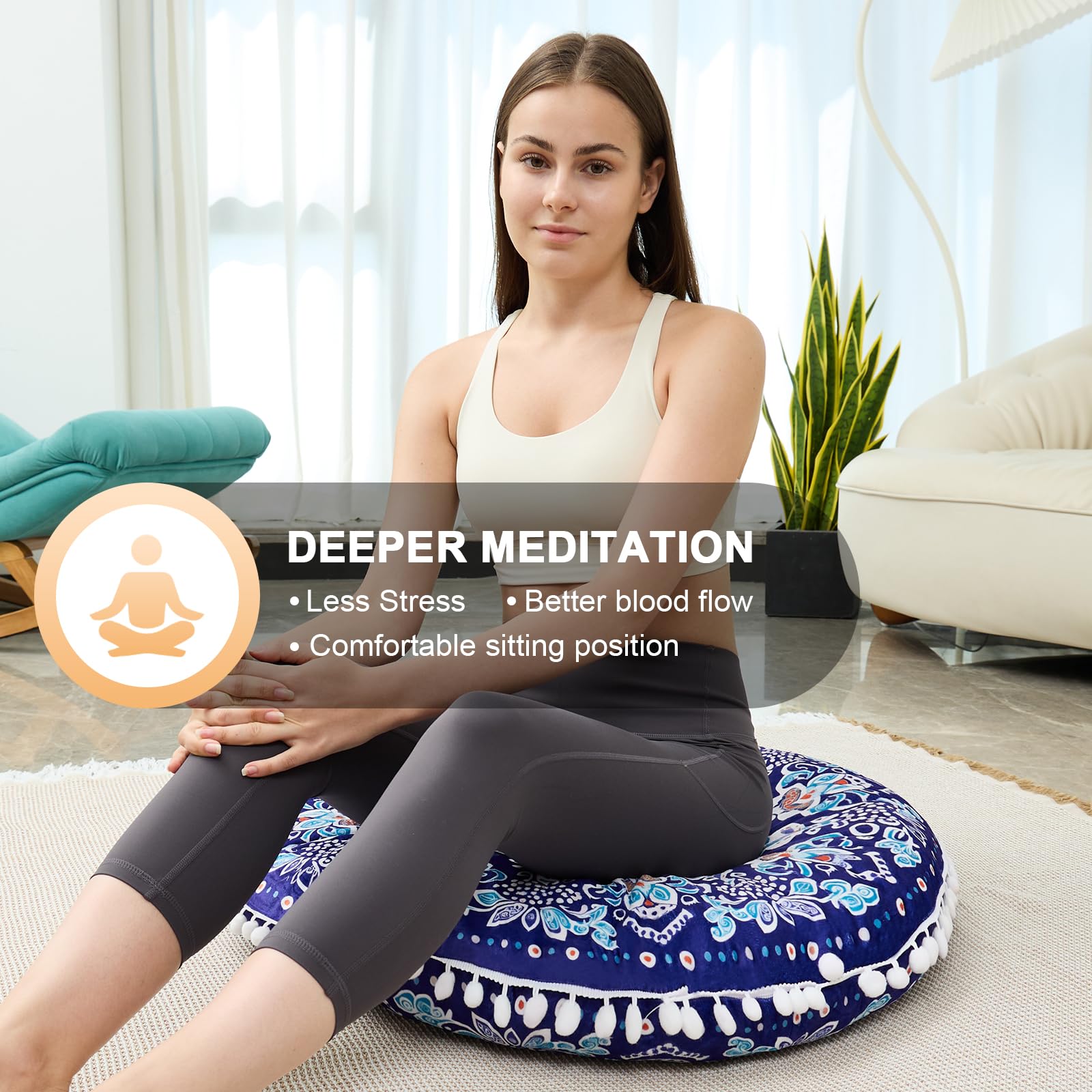 Turnextte 32 in Meditation Floor Cushion, Round Large Floor Pillow for Adult, Yoga Pillows for Sitting on Floor, Madala, Memory Foam Filling - Image 4