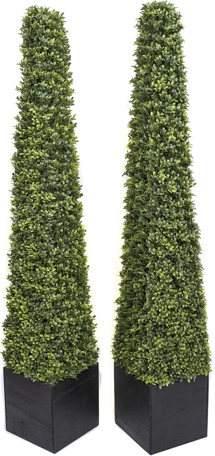 2 x Artificial Premium Quality Topiary Boxwood Pyramid Trees in Black Square Planter for Indoor Outdoor Decor UV Stable (5ft/150cm)