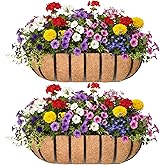 KIDYBELL 24“ Window Box Railing Planter with Coco Liner Metal Wall-Mounted Coconut Liner Planter Basket English Horse Trough Planters for Outdoor Deck Balcony Porch Fence Patio Black (2 Pack)